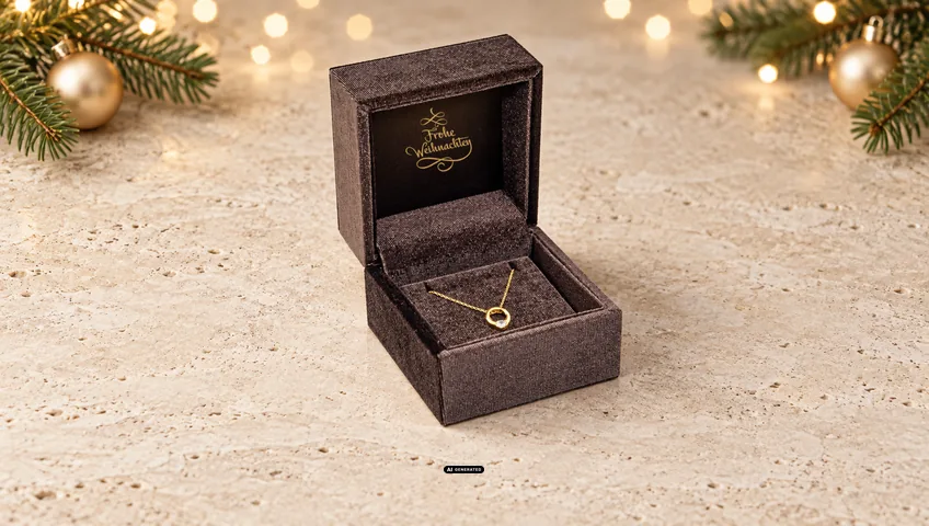LESER jewellery case 6430 VELVET LUXE in dark brown with the GREETINGS Christmas design in gold inside the lid