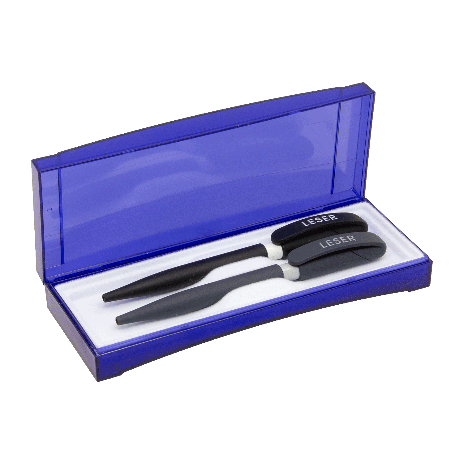 Blue plastic cases for 2 writing instruments