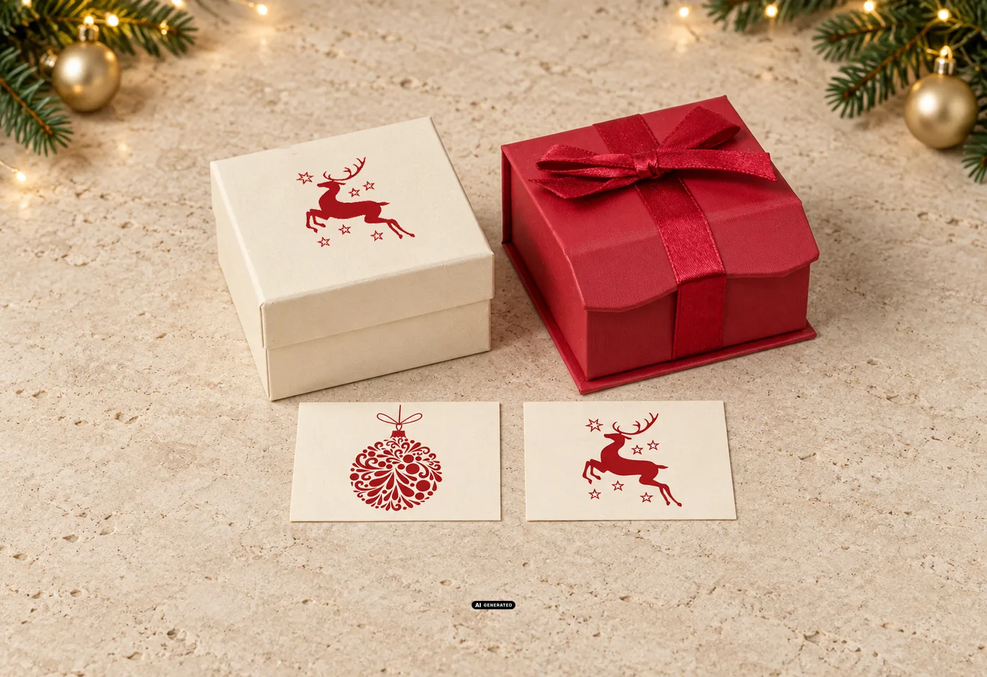 LESER box 0230 PLAIN with the DEER design, case 0275 CELEBRATION with a ribbon and sample cards with Christmas designs