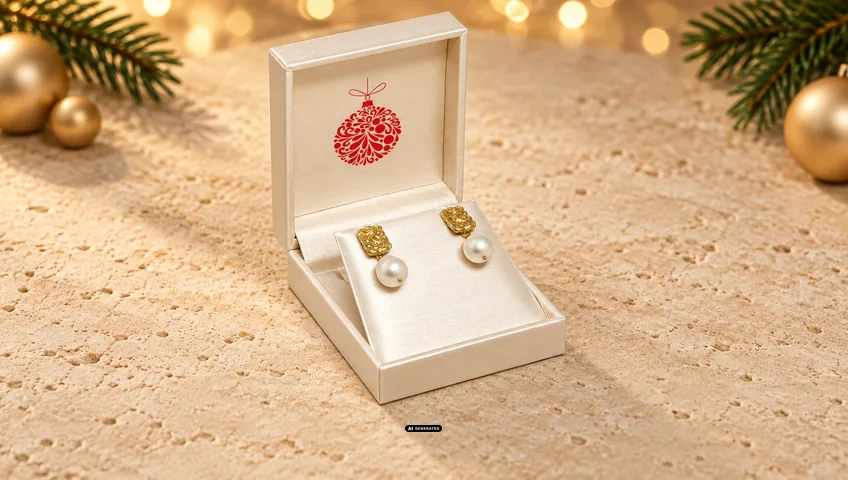 LESER jewellery case 5530 BRILLIANT in cream, opened, with the BAUBLE Christmas design in red inside the lid