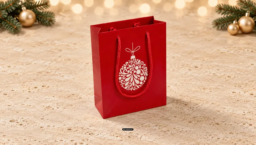 LESER paper carrier bag in red with the BAUBLE Christmas design in white on the front